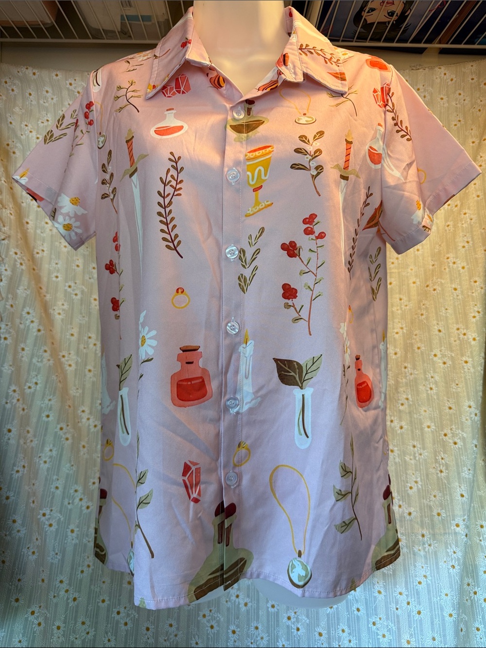 Pink Short-Sleeve Button-Up Shirt with Botanical & Potion Print